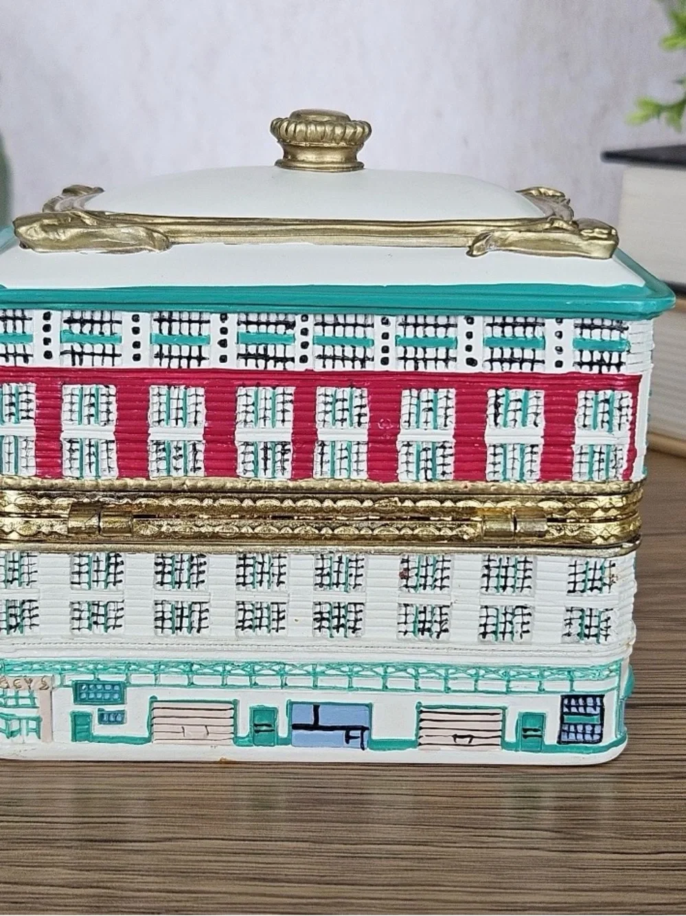 Macy's Ceramic Trinket Box in White, Teal & Gold Accents year 2000
